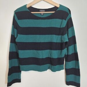 Poof New York Striped Knit Sweater Black Teal Crew Neck Long Sleeve Women’s S
